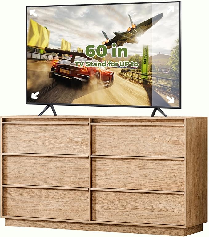 55.12" Modern Chest of Drawer, 6 Deep Drawers,Clothes Organizer,Large Storage Cabinet for Living Room, Bedroom,Dresser TV Stand, Wood Drawer Organizer for Living Room, Hallway, Natural