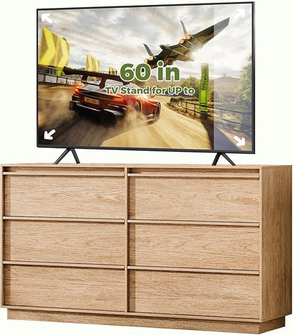 55.12" Modern Chest of Drawer, 6 Deep Drawers,Clothes Organizer,Large Storage Cabinet for Living Room, Bedroom,Dresser TV Stand, Wood Drawer Organizer for Living Room, Hallway, Natural
