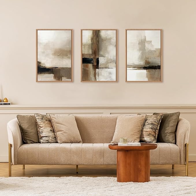 HOURIA Large Abstract Neutral Framed Canvas Wall Art Set,Brown Beige Wall Decor,Minimalist Black Wall Painting,Modern Brush Stroke Line Art Print for Living Room,Bedroom,Office- 16"x24"x3