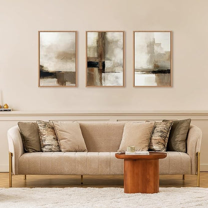 HOURIA Large Abstract Neutral Framed Canvas Wall Art Set,Brown Beige Wall Decor,Minimalist Textured Wall Painting,Modern Brush Stroke Line Art Print for Living Room,Bedroom,Office- 24"x36"x3