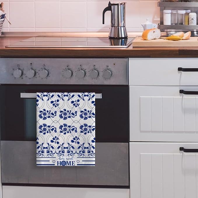 Boho Floral Dish Towels Set of 2 Absorbent Decorative Kitchen Towels, Blue