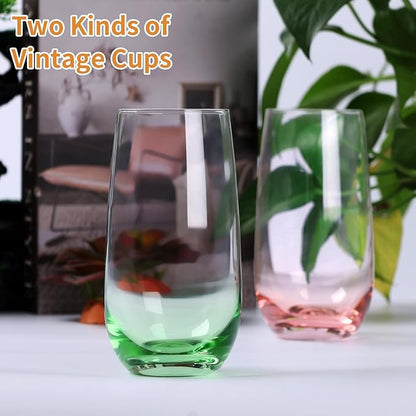 Set of 8 Drinking Glasses, Hand Blown, 4 Highball Glasses 18oz & 4 Stemless Wine Glasses 15oz, Colored Water Glass Cups, for Wedding, Gift