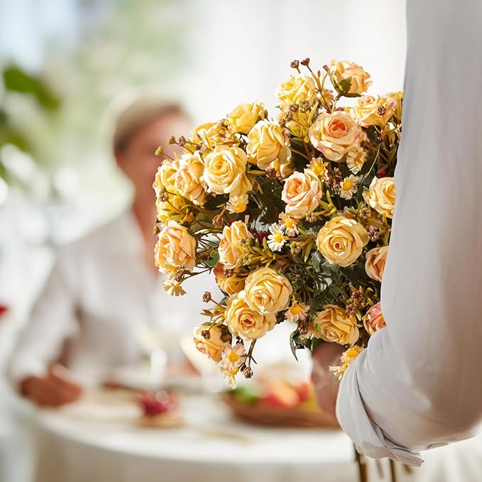 Artificial Flowers for Outdoor 4 Bundles Rose Bouquet with Daisy Faux Flowers UV Resistant for Home Indoor Outside Garden Porch Window Box Balcony Yard Porch Decor (Yellow)