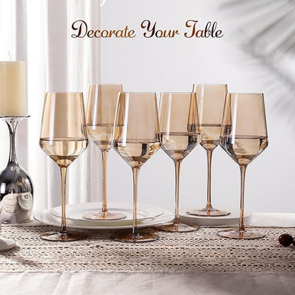 Physkoa Amber Colored Wine Glasses Set 6-16oz Stemmed Brown Wine Glasses With Tall Long Stem and Tulip Bottom,Amber Glassware for Home Deco,Wedding,Birthday