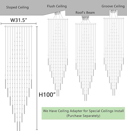 W32 x H100 Glam Chandelier with LED Bulbs Crystal Raindrop High Ceiling Pendant Light for Entrance Large Villa Chandelier Foyer Lighting Fixtures Silver