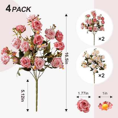 Artificial Flowers for Outdoor 4 Bundles Rose Bouquet with Daisy Faux Flowers UV Resistant for Home Indoor Outside Garden Porch Window Box Balcony Yard Porch Decor (White+Pink)