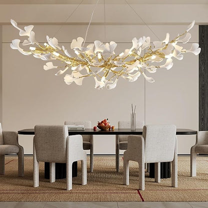 Modern Gold Tree Branch Chandeliers for Dining Room,55" Rectangle Ceramic Ginkgo Leaf Chandelier, Dining Chandelier Over Table,Linear Chandeliers for Dining Room, Living,Kitchen