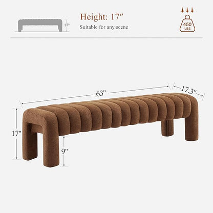 63’’ End of Bed Bench, Modern Boucle Entryway Bench, Upholstered Ottoman Stool with Extra Length, Full Coverage Fabrics, Ottoman for Bedroom, Living Room, Dining Room, Rust Brown