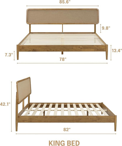 NTC Lupin Wooden Bed Frame with Headboard, Solid Oak and Rubber Wood Foundation with Silent Slats and Wood Central Supports, 1000 Lb Capacity, King - Teak Look