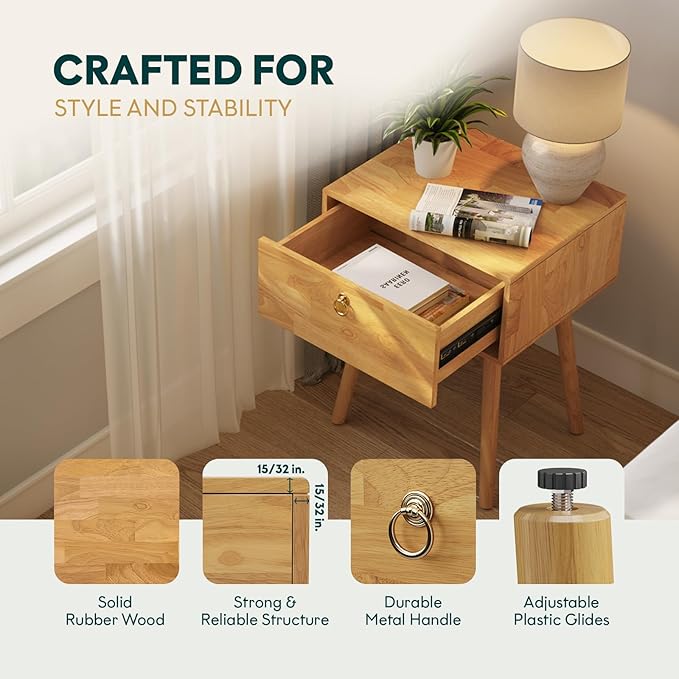 Bme Alden Wood Nightstand, Solid Wood End Table, Mid Century Modern Nightstand, Side Table with 1 Drawer, Compact for Bedroom, Living Room & Study Room, Easy Assembly, Light Natural