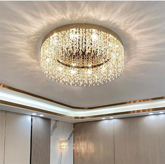 Modern Crystal Chandelier 20 inch Round Raindrop Crystal Chandeliers Flush Mount Chandelier Chrome Silver Ceiling Light Fixture for Living Room Dining Room Bedroom