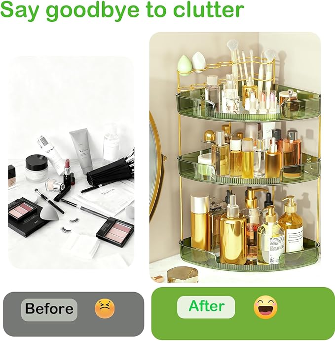 FELIZHOUSE 3-Tier Makeup Organizer for Vanity & Bathroom Countertop – Acrylic Storage Shelf with Perfume Makeup Brush Holder, Tool-Free Installation, Design for Bathroom & Dresser - Green