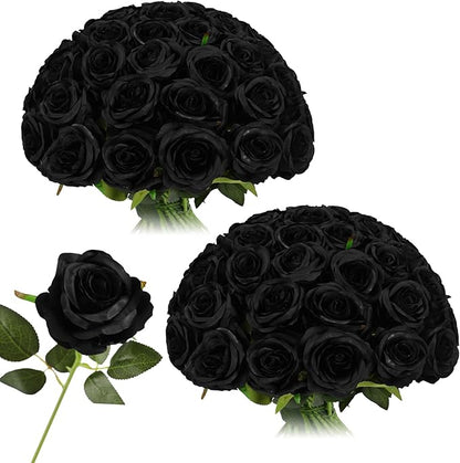 Nubry 50pcs Artificial Silk Roses Bulk,Fake Roses Flower with Stems Realistic Flowers for Wedding Centerpiece Home Party Decor(Black)