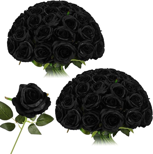 Nubry 50pcs Artificial Silk Roses Bulk,Fake Roses Flower with Stems Realistic Flowers for Wedding Centerpiece Home Party Decor(Black)