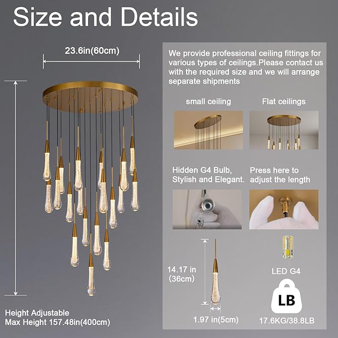 Large Raindrop Chandelier for Foyer, Entryway, 19-Light Gold Chandeliers for High Ceilings, Staircase, Luxury Long Big Hanging Light Fixtures with Glass, Brass Pendant Light Fixtures Living Room