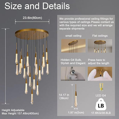 Large Raindrop Chandelier for Foyer, Entryway, 19-Light Gold Chandeliers for High Ceilings, Staircase, Luxury Long Big Hanging Light Fixtures with Glass, Brass Pendant Light Fixtures Living Room