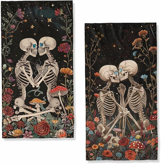 Mushroom Skull Kitchen Dish Towels Set Decorative Absorbent Tea Towels Funny Hand Towels 16x24 Skeleton Floral Gift