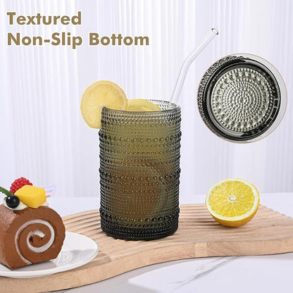 Vintage Hobnail Drinking Glasses Set of 8,Grey 12 oz & 15oz Highball Glass Cups, Kitchen Drinkware Glassware