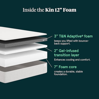 Tuft & Needle Kin Medium 12" Twin XL Adaptive Foam Mattress in a Box, Cooling Gel, Pressure Relief, Durable Support, 100 Night Trial, Fiberglass-Free, CertiPUR-US, 10-Year Limited Warranty