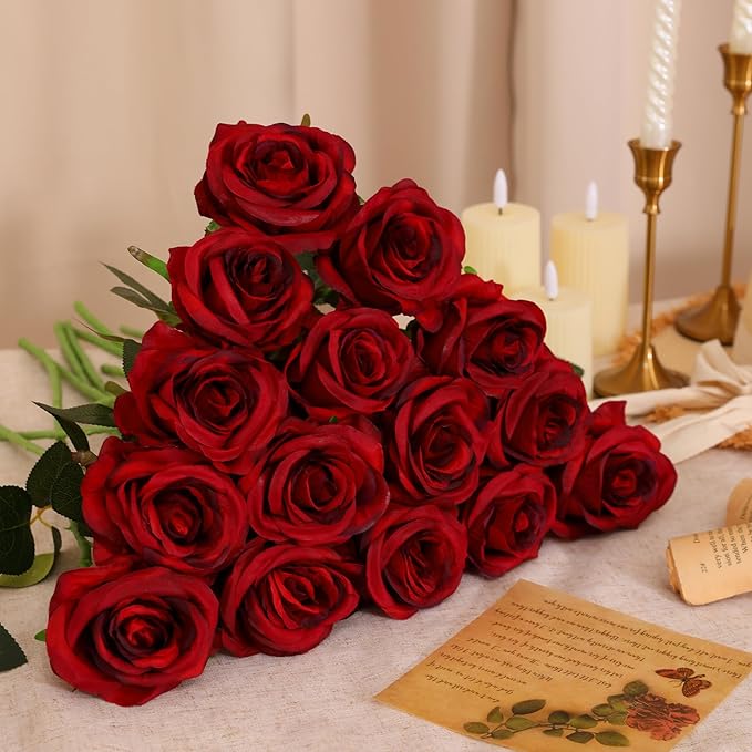 Nubry 50pcs Artificial Silk Roses Bulk,Fake Roses Flower with Stems Realistic Flowers for Wedding Centerpiece Home Party Decor(Burgundy)