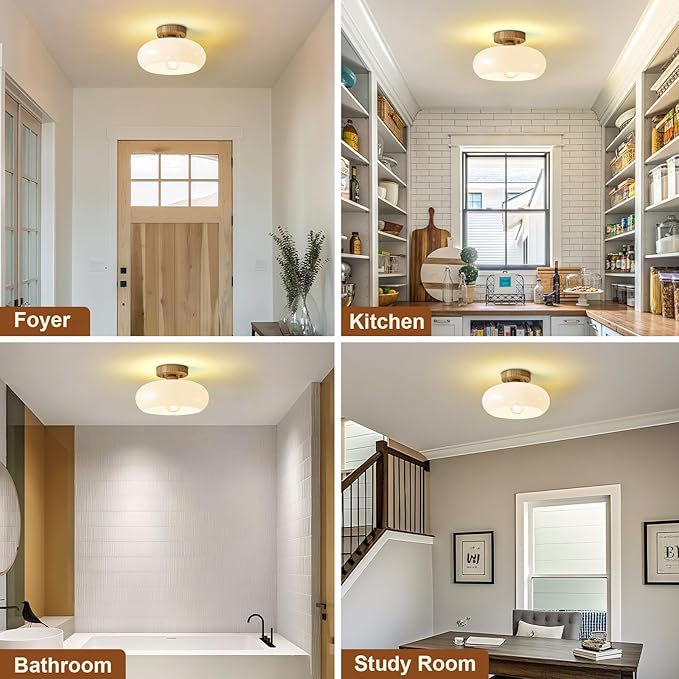 Mid-Century Modern Semi Flush Mount Ceiling Light, Faux Wood Kitchen Ceiling Light Fixture with Glass Shade, Mini White Close to Ceiling Lamp for Entryway Hallway Bathroom (11.0 Inch)