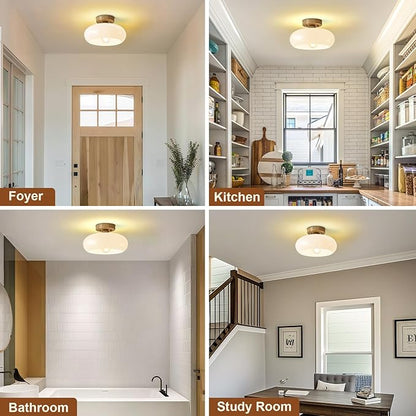 Mid-Century Modern Semi Flush Mount Ceiling Light, Faux Wood Kitchen Ceiling Light Fixture with Glass Shade, Mini White Close to Ceiling Lamp for Entryway Hallway Bathroom (11.0 Inch)