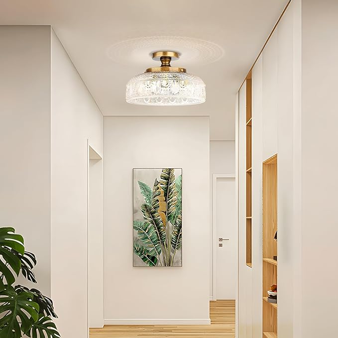 Lamomo Semi Flush Mount Ceiling Light, 3-Bulb Hallway Light Fixture, Antique Brass Gold Globe Glass Close to Ceiling Scone,Indoor Hanging Lantern for Bedroom Kitchen Porch Hallway,Bulbs Not Included