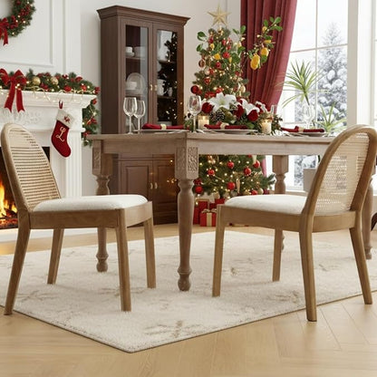 Upholstered Wooden Dining Chairs Set of 4, Farmhouse Kitchen & Dining Room Chairs with Cane Back, Accent Rattan Dining Table Chairs Sherpa Seat for Kitchen/Restaurant/Living Room, White