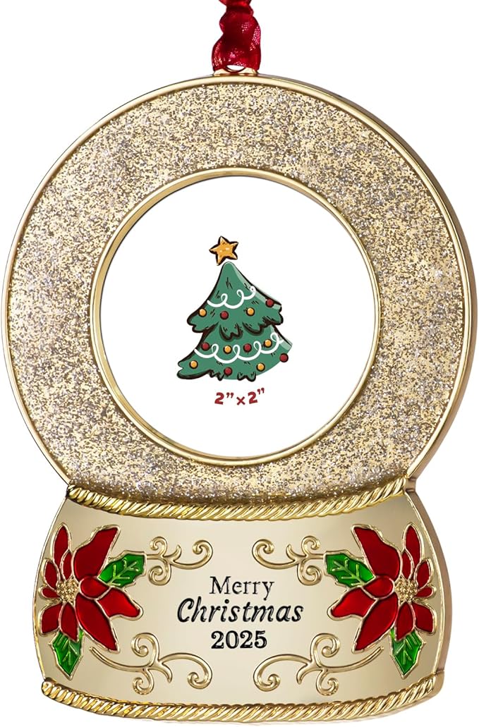 2025 Christmas Ornaments 2 inch Picture Frame Metal Hanging Pendant for Tree Small Decorative Keepsake, Display Photo for Baby and Pet (Crystal Ball Gold(2025))