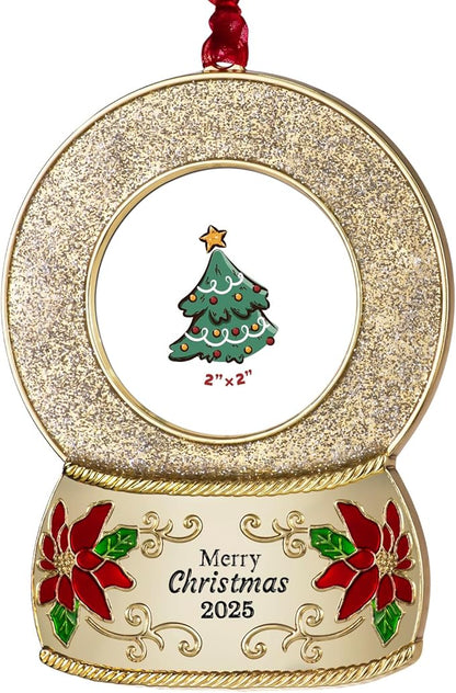 2025 Christmas Ornaments 2 inch Picture Frame Metal Hanging Pendant for Tree Small Decorative Keepsake, Display Photo for Baby and Pet (Crystal Ball Gold(2025))