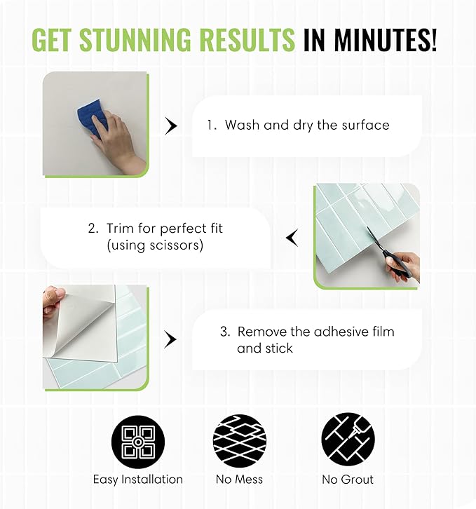 5 Pack Peel and Stick Backsplash Subway Tiles, Extra Thick 3D Wall Panels, Heat & Water Resistant, Easy DIY Kitchen, Bathroom, Laundry, Fireplace & Rental Home Wall Décor (12 x 12 in), Mint