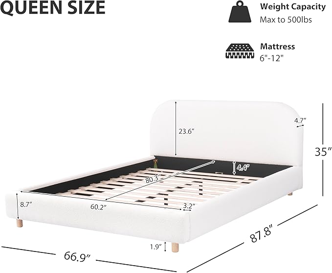 Queen Size Bed Frame, Upholstered Cloud Boucle Platform Beds Frames with Headboard, Anti-Collision Soft Rounded Corners Footboard, No Box Spring Required, Easy Assembly (35" White, Queen)