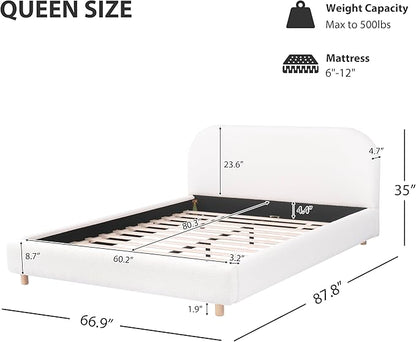 Queen Size Bed Frame, Upholstered Cloud Boucle Platform Beds Frames with Headboard, Anti-Collision Soft Rounded Corners Footboard, No Box Spring Required, Easy Assembly (35" White, Queen)