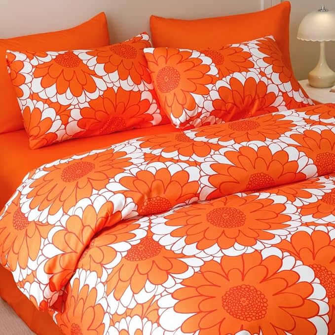 CLOTHKNOW Sunflower Queen Comforter Set 3Pcs Rust White Floral Bedding Comforter Sets Flower Comforter Botanical Boho Queen Comforter with 2 x Pillowcases