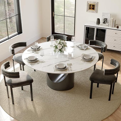 POVISON Round Dining Table for 6, 59" Glossy White Sintered Stone Tabletop Dining Table with Grey Carbon Steel Pedestal, Modern Dining Room Table for Kitchen, Living Room (Table Only)