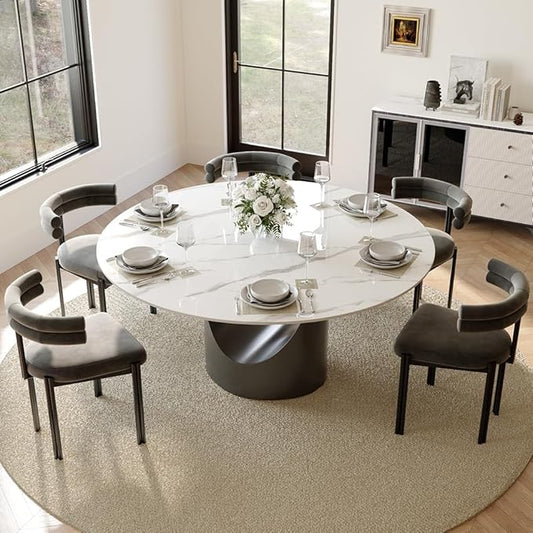 POVISON Round Dining Table for 6, 59" Glossy White Sintered Stone Tabletop Dining Table with Grey Carbon Steel Pedestal, Modern Dining Room Table for Kitchen, Living Room (Table Only)