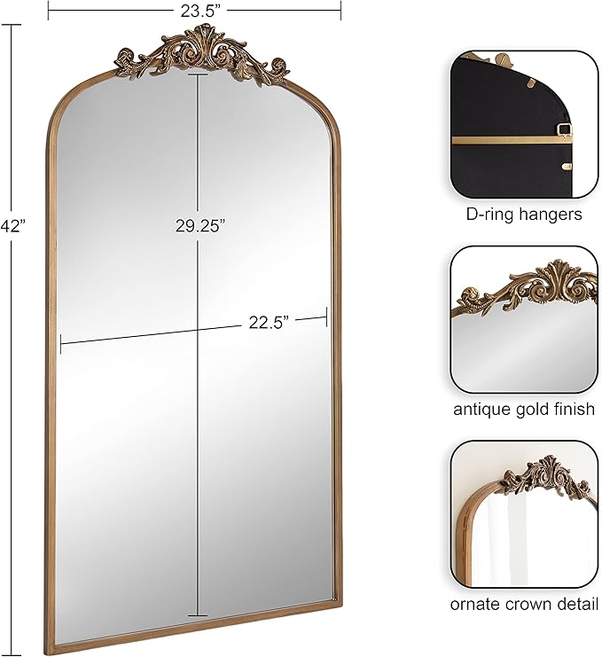 Kate and Laurel Arendahl Glam Arched Tall Panel Mirror; 24 x 42; Gold; Traditional Baroque Large Body Wall Mirror with Ornate Garland Inspired Crown