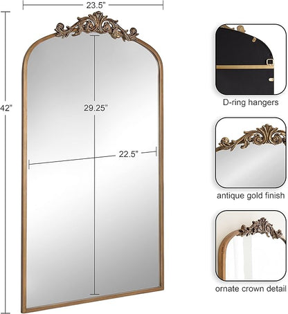 Kate and Laurel Arendahl Glam Arched Tall Panel Mirror; 24 x 42; Gold; Traditional Baroque Large Body Wall Mirror with Ornate Garland Inspired Crown