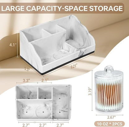 Marble Bathroom Countertop Organizer, Toothbrush Holders for Bathroom with 2PCS Qtip Holder Dispenser and Toothpaste Holder Drainage for Bathroom Accessories Organization Counter Vanity Storage