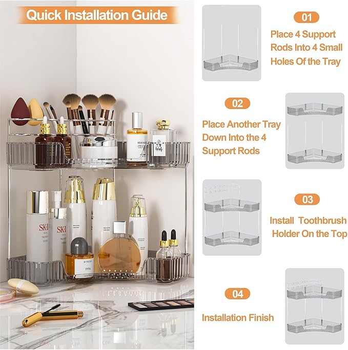 SUNZOS 2 Tier Corner Bathroom Counter Organizer, Bathroom Countertop Shelf with Makeup Brush Holder, Makeup Organizer for Vanity Perfume Tray for Corner Storage