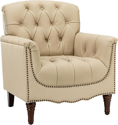 HULALA HOME Mid Century Modern Leather Club Chairs, Top-Grain Genuine Leather Armchairs with Button-Tufted Back & Solid Wood Legs, Accent Chairs for Living Room/Bedroom/Home Office, Beige
