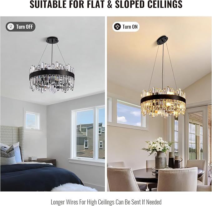 Siljoy Black Crystal Chandelier for Dining Room, Modern 2-Tiers K9 Crystal Raindrop Chandelier 12 Lights Dimmable Farmhouse Pendant Ceiling Light for Living Room Kitchen Island Entry Foyer D19.7''