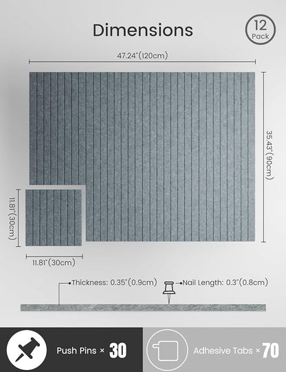 Bumusty Large Cork Board Alternative-47 x35 Felt Bulletin Board Tiles, with 30 Pushpins, 70 Adhesive Tabs, 12-Pack Slat Wall Paneling, Cork Boards for Office Push Pin Board Felt Board-Silver Mink