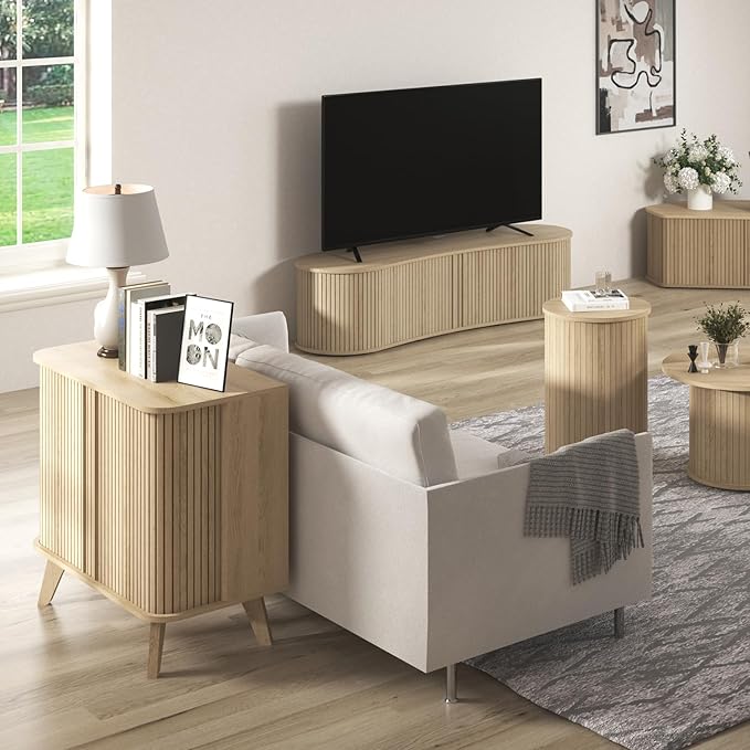 Fluted Sideboard Buffet Cabinet with Storage, 27” Curvy Edge Accent Storage Cabinet with Sliding Doors & Shelves, Modern Sideboard Credenza Console for Kitchen, Living Room, Entryway, Oslo