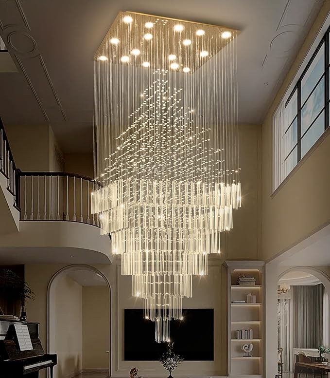 W40 x H120 Glam Chandelier with LED Bulbs Square Chandeliers, Crystal Raindrop High Ceiling Pendant Light for Entrance Large Villa Foyer Lighting Fixtures Gold