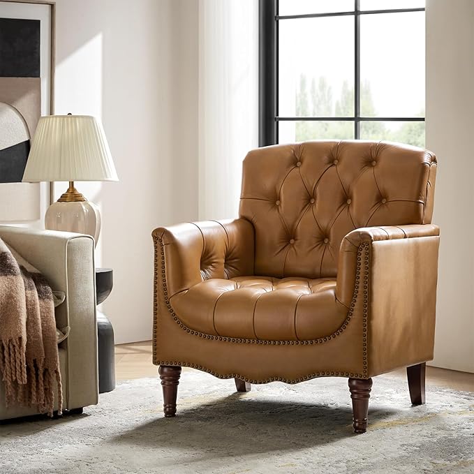 HULALA HOME Mid Century Modern Leather Club Chairs, Top-Grain Genuine Leather Armchairs with Button-Tufted Back & Solid Wood Legs, Accent Chairs for Living Room/Bedroom/Home Office, Camel