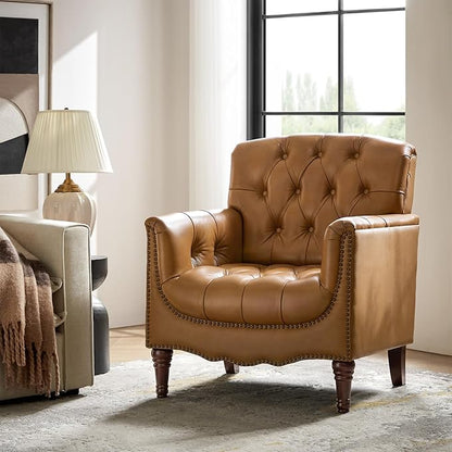 HULALA HOME Mid Century Modern Leather Club Chairs, Top-Grain Genuine Leather Armchairs with Button-Tufted Back & Solid Wood Legs, Accent Chairs for Living Room/Bedroom/Home Office, Camel