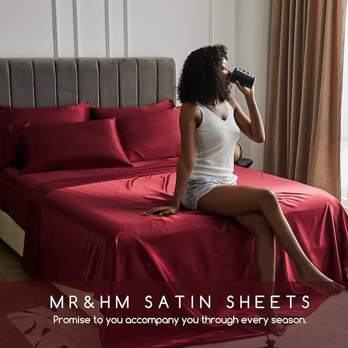 MR&HM Satin Bed Sheets, Twin XL Size Sheets Set, 3 Pcs Silky Bedding Set with 15 Inches Deep Pocket for Mattress (Twin XL, Burgundy)