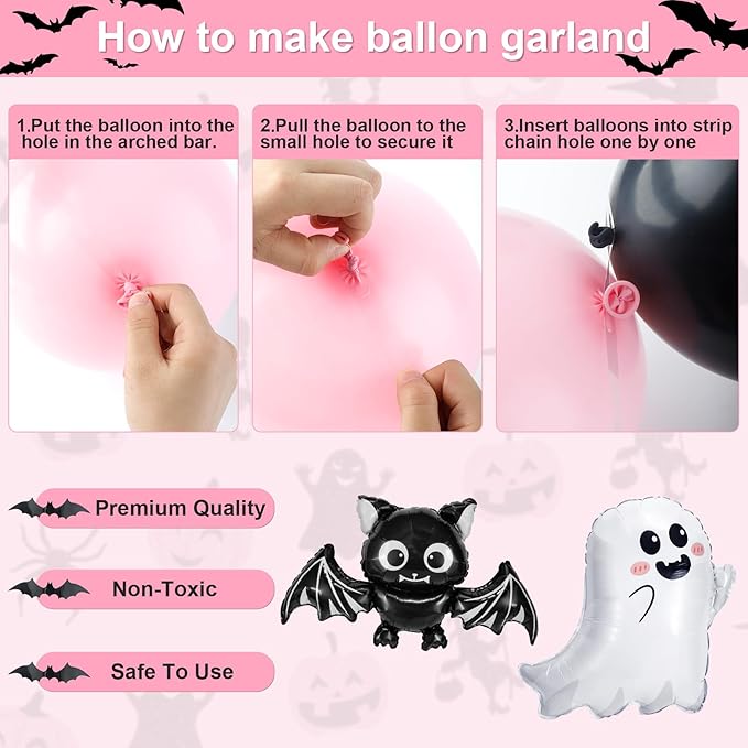 Amandir Pink Black Halloween Birthday Party Decorations, Happy Boo Day Glitter Banner Halloween Balloon Arch Garland kit Foil Bat Ghost Balloons Cake Toppers for Kids Girl Spooky Baby Shower Supplies