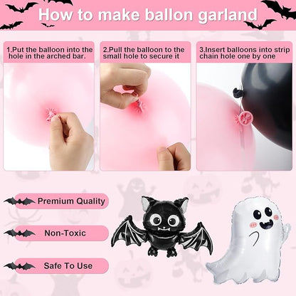 Amandir Pink Black Halloween Birthday Party Decorations, Happy Boo Day Glitter Banner Halloween Balloon Arch Garland kit Foil Bat Ghost Balloons Cake Toppers for Kids Girl Spooky Baby Shower Supplies